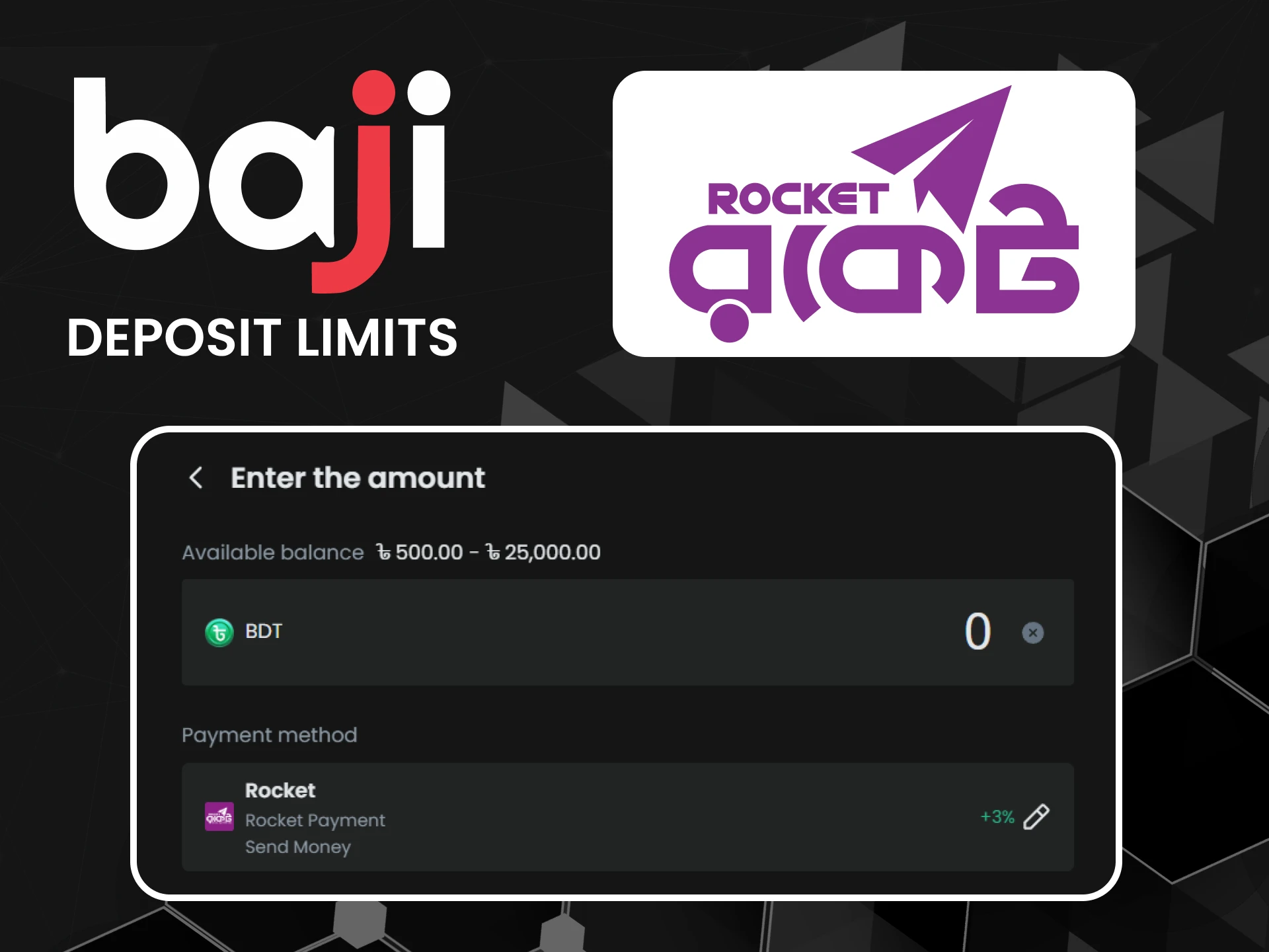 Rocket offers secure BDT deposits on Baji with convenient transaction limits.