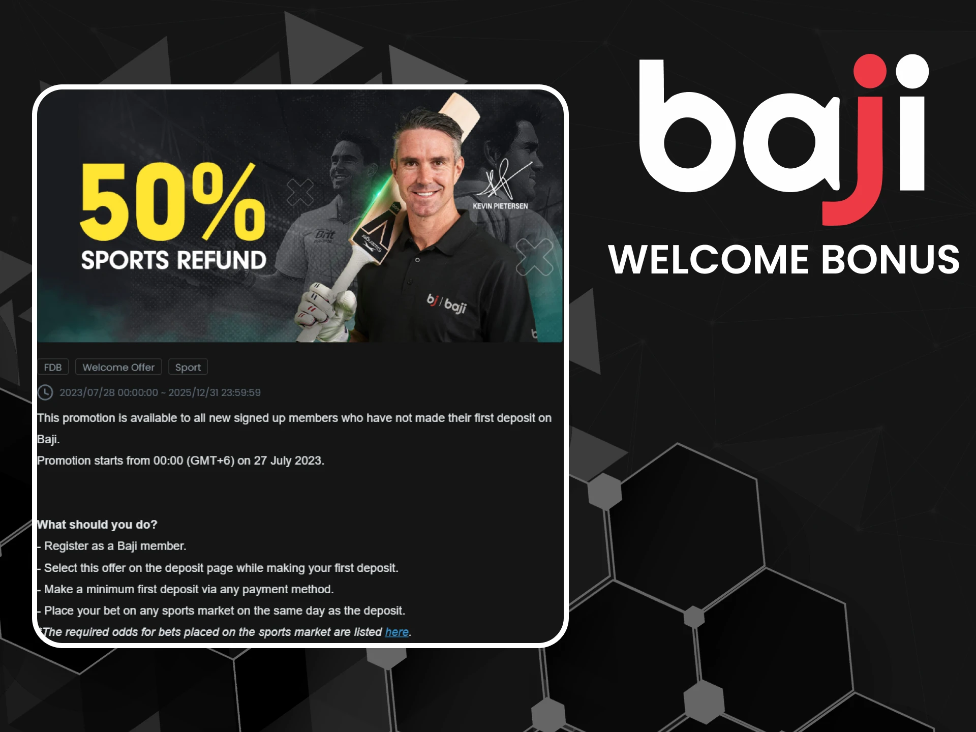 Take advantage of Baji's welcome bonus to get back a percentage of your unsuccessful tennis bets.