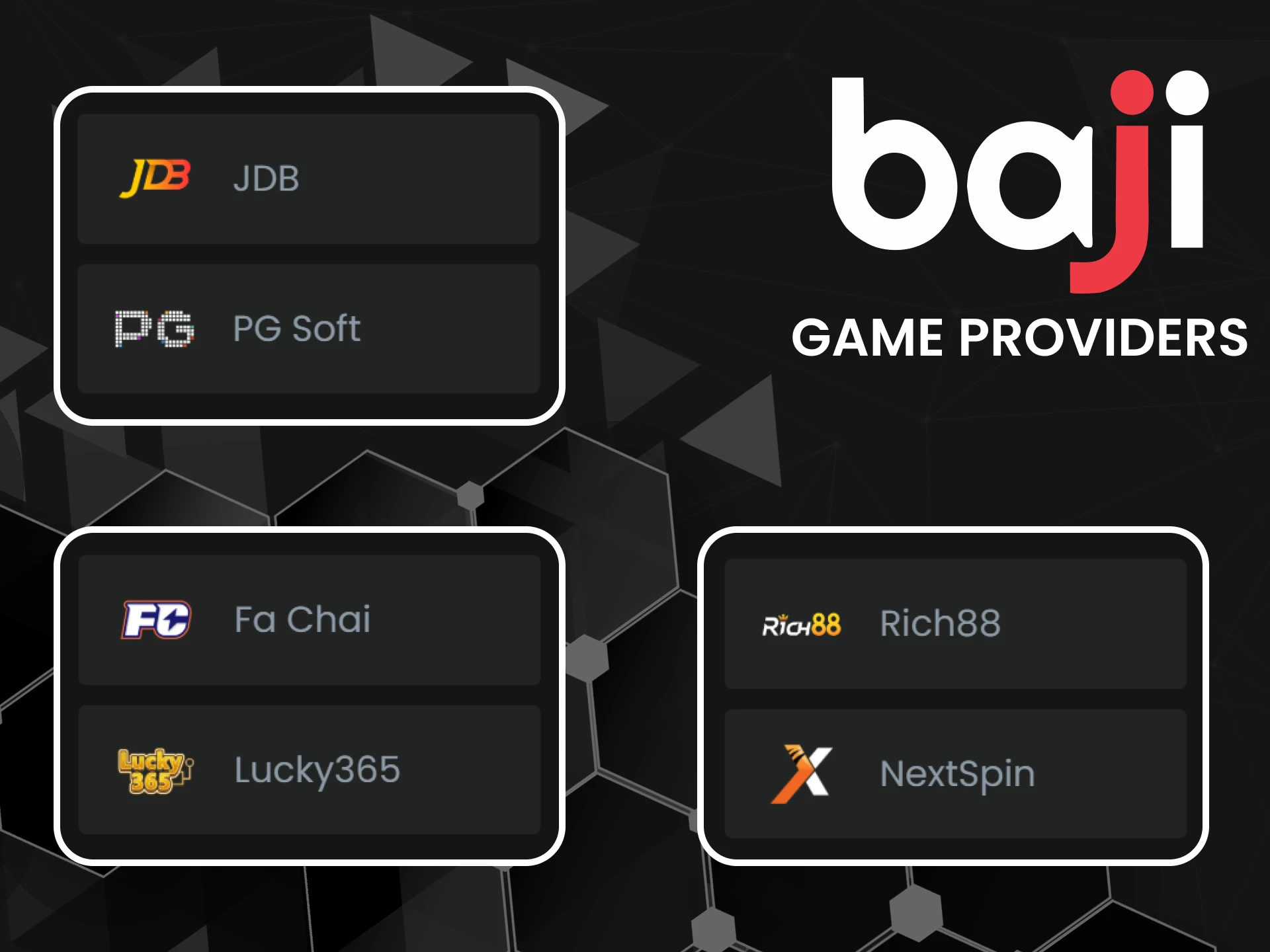 Choose your arcade game provider on Baji.