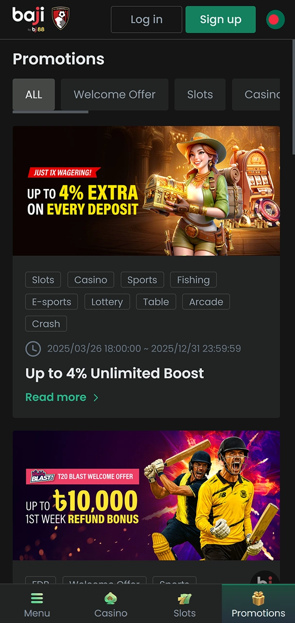Go to the "Promotions" section on the Baji website.